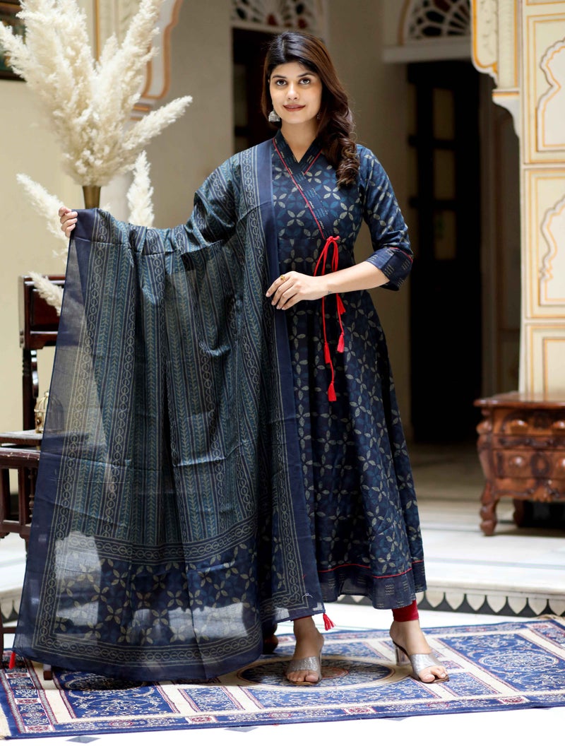 Miravan Women's Blue Angrakha Kurta with Dupatta - Image 1